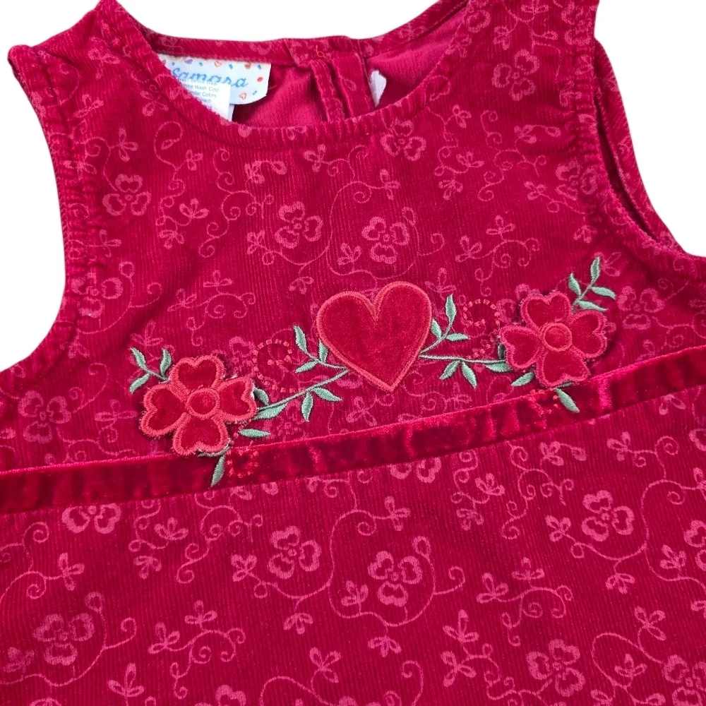 Samara Toddler Girls Corduroy Jumper Dress Red Heart Floral Applique 3T